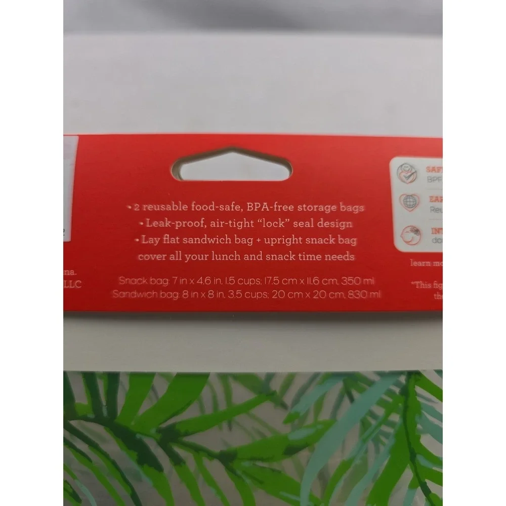 Ziptuck Reusable Plastic Bags Lunch Set-1 Snack Bag & 1 Sandwich Bag Palm Leaves